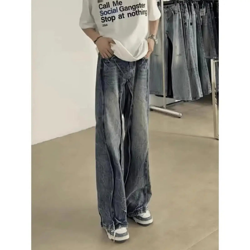 american high street hip hop men and women trendy washed straight leg jeans autumn couple loose micro flared casual pants y2k stacked flare jeans