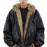 Integrated Fur Leather Men Cotton Jackets Thickened American High Street Motorcycle PU Leather Parkas Winter Couple Punk Outwear