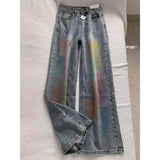 american retro personalized trend color gradient jeans for men and women new washed straight leg micro flared casual pants y2k unique jeans style 653