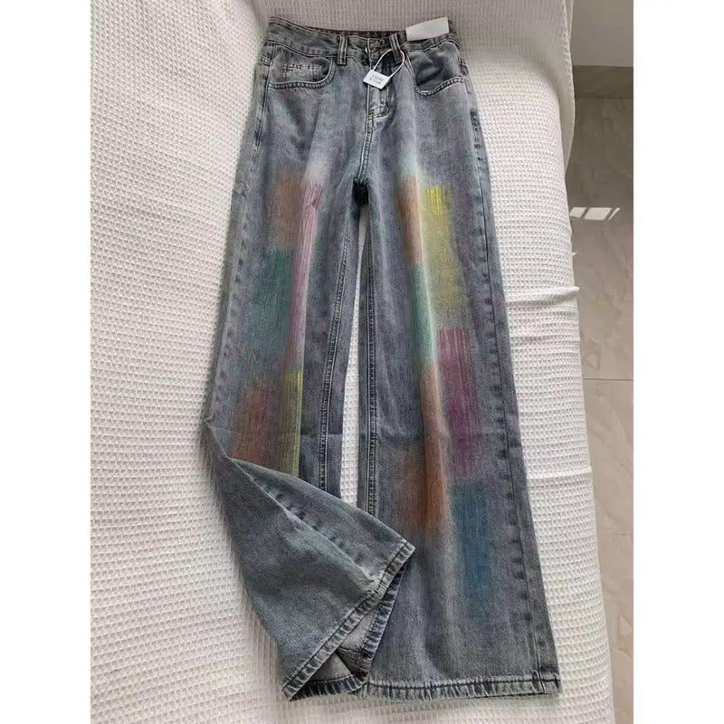 american retro personalized trend color gradient jeans for men and women new washed straight leg micro flared casual pants y2k unique jeans style 653