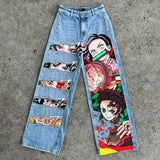 harajuku y2k style blue popular anime graphic wide leg jean fashion streetwear denim mens jeans couples high waist pants unique jeans style 3171