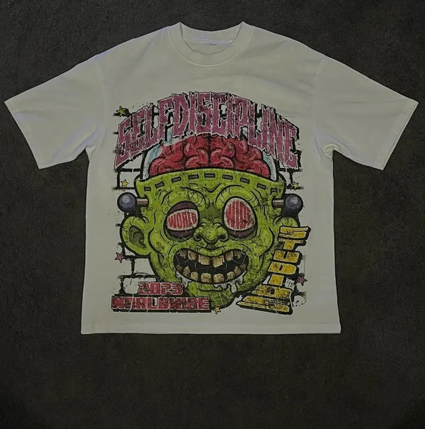Y2k Street Hip Hop Big Head Grimace Graphic Print Extra Large Men's Retro Gothic Fashion Casual Loose Round Neck Bottoming Top