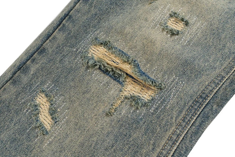 mens vintage ripped jeans distressed hole blue flared jeans trousers luxury designer male denim pants unique jeans style 1641