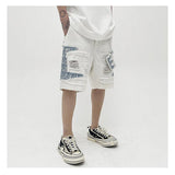 Mens High Street Denim Jean Shorts Casual Loose Destroyed Ripped Holes Loose Shorts Patchwork Hip Hop Streetwear Short Joggers
