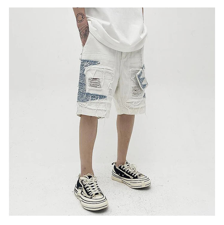 Mens High Street Denim Jean Shorts Casual Loose Destroyed Ripped Holes Loose Shorts Patchwork Hip Hop Streetwear Short Joggers