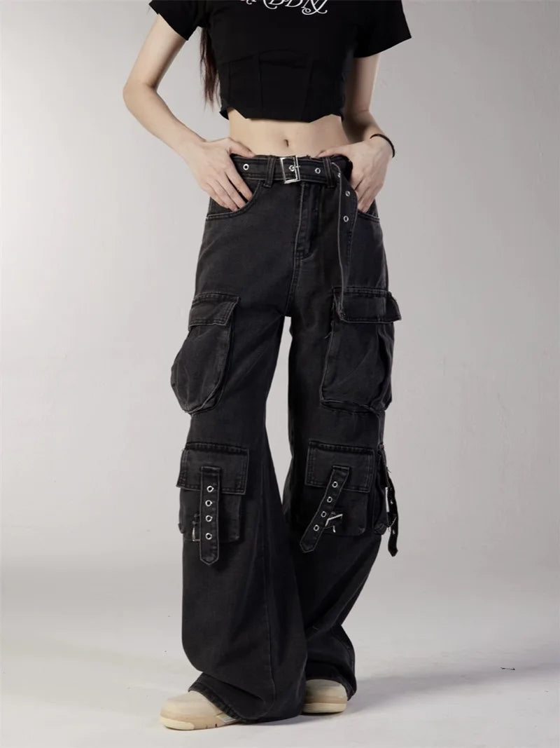 fashion loose streetwear cargo denim jeans unisex casual multi pocket straight jean pants with belt hip hop joggers baggy jeans sporty tapered joggers