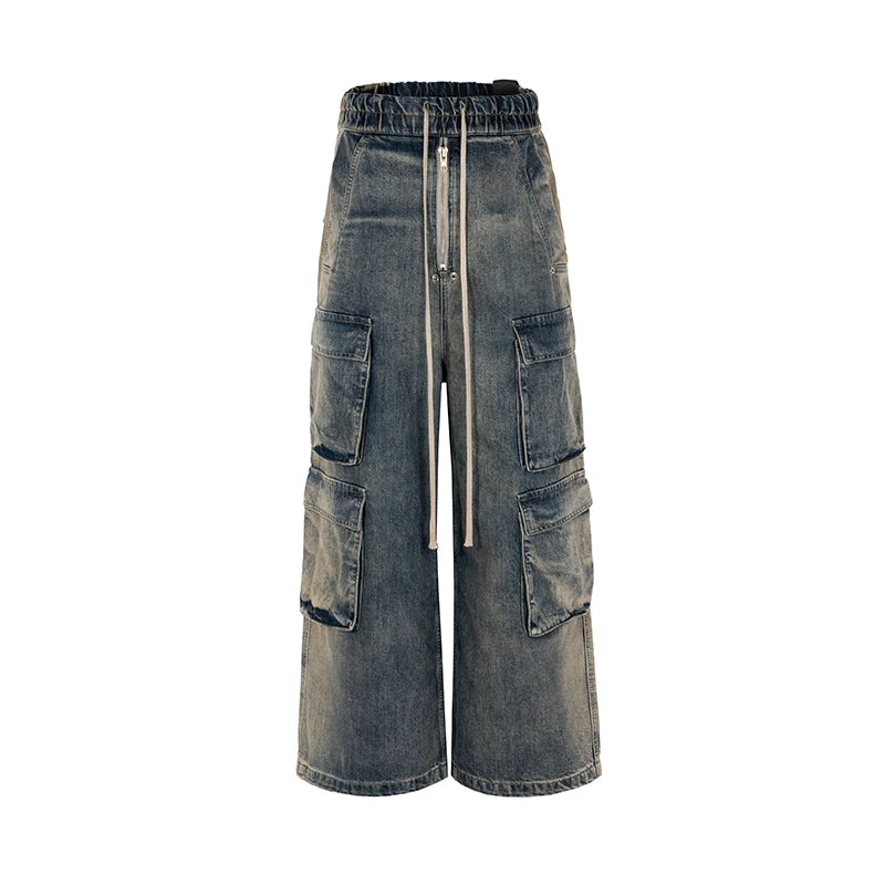 fashion denim baggy cargo jean pants men hip hop elastic waist wide legs retro washed jeans side pocket streetwear jeans joggers streetwear sweatpants