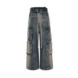 fashion denim baggy cargo jean pants men hip hop elastic waist wide legs retro washed jeans side pocket streetwear jeans joggers streetwear sweatpants