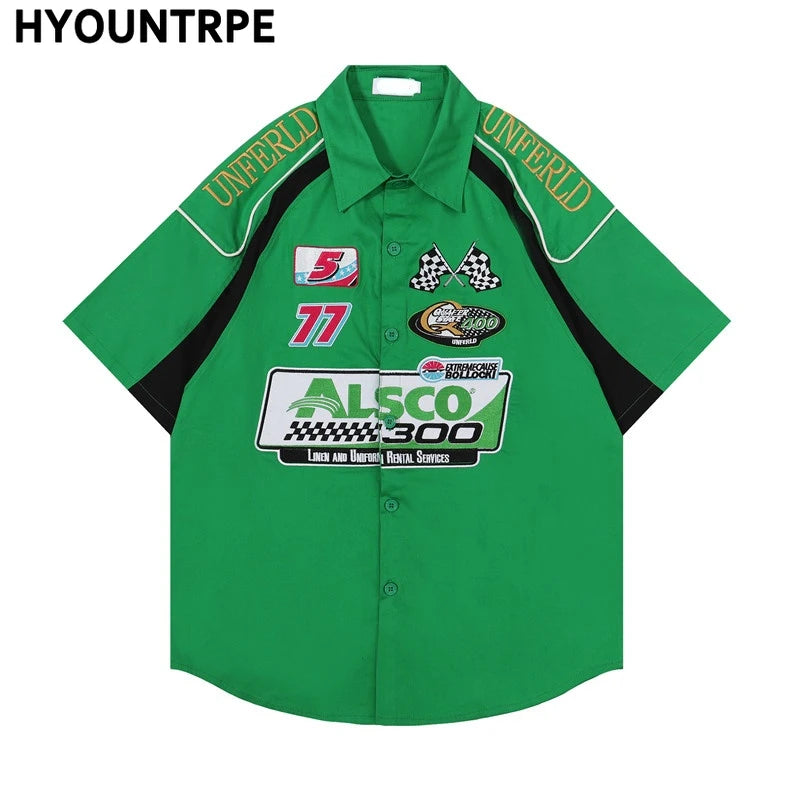 Fashion Mens Racing Embroidered Short Sleeves Shirt Casual Short Sleeve Hawaiian Shirt Hip Hop Harajuku Streetwear Loose Shirts