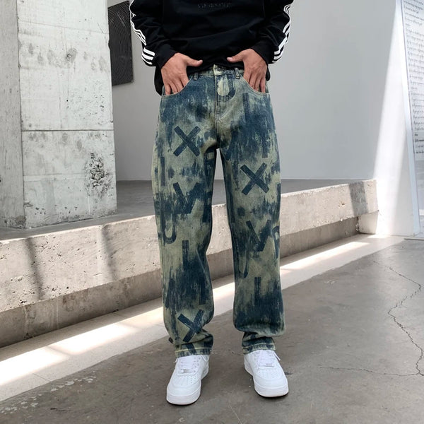 men loose casual american high street hip hop vibe printed denim baggy jeans pants man streetwear ripped jeans trousers stacked flare jeans