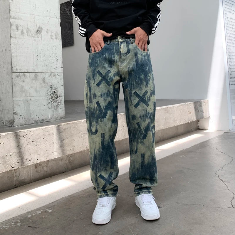 men loose casual american high street hip hop vibe printed denim baggy jeans pants man streetwear ripped jeans trousers stacked flare jeans