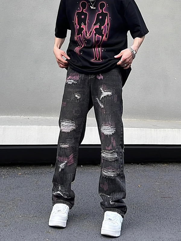 harajuku irregular scratched ripped holes denim jeans men zipper jeans hip hop streetwear new casual straight joggers jean pants casual joggers
