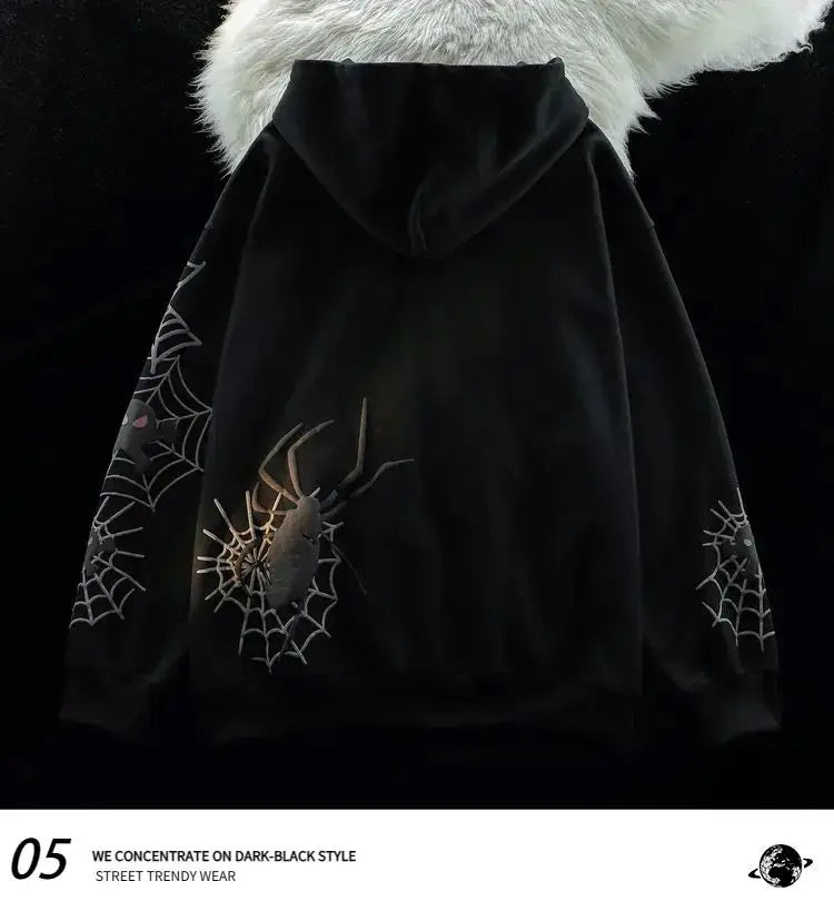 American Spider Retro Ins Printed Cardigan Hooded Sweatshirt Plus Velvet Thickened Men and Women Y2K Trendy Brand Couple Jacket