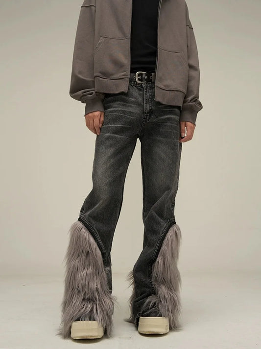 harajuku denim straight jeans men trousers high street zipper detachable fur bottom streetwear casual loose joggers jean pants relaxed fit joggers