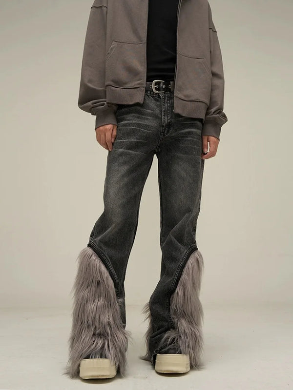 harajuku denim straight jeans men trousers high street zipper detachable fur bottom streetwear casual loose joggers jean pants relaxed fit joggers