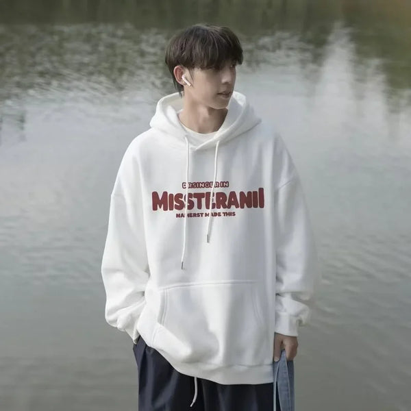 American Retro Casual Hoodies For Men Letter Printed Loose Fit Hooded