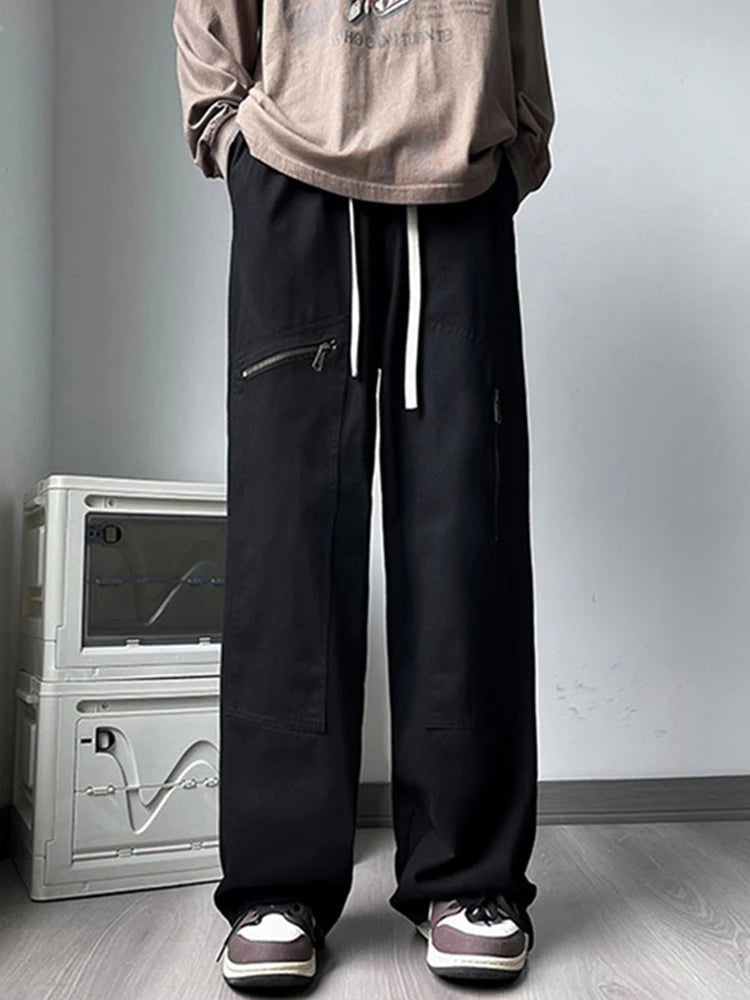 new korean fashion cargo straight pants for men autumn casual zipper pocket drawstring trousers classic tactical y2k pantalones unique cargo style 244