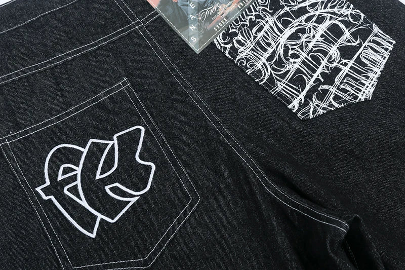 hip hop pockets embroidery letter print jeans shorts for men summer retro oversized wide leg denim knee lenght pants unique jeans style 3644