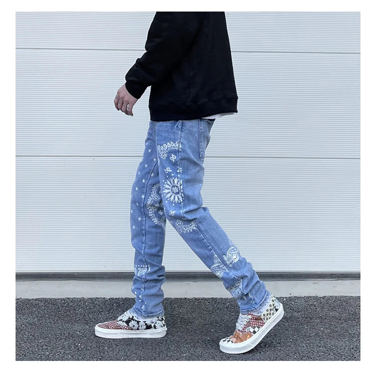 mens high street paisley print denim jeans casual hip hop distressed jeans slim fit skinny denim pants joggers streetwear men unique joggers style 1232