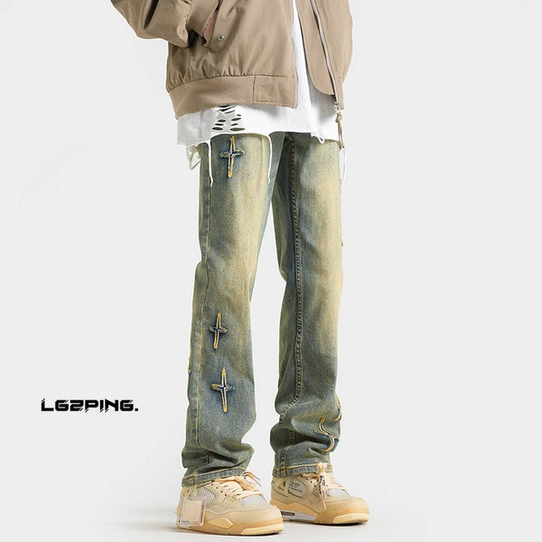 high street slim straight trousers tide vintage washed old colour stars jeans street mens denim trousers 2024 male pants ripped baggy denim