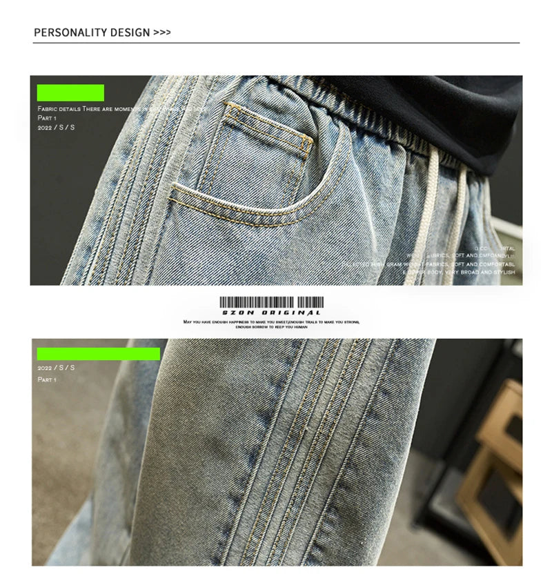 elastic waist baggy jeans for men side striped wide leg denim pants korean fashion casual trousers y2k vintage jean hombre unique jeans style 3243