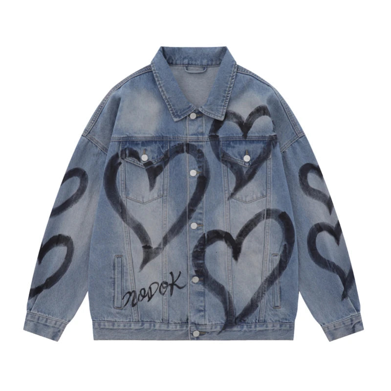 Y2K Heart Graffiti Printed Denim Jackets Mens Fashion Unisex Long Sleeve Coats Outerwear Hip Hop Casual Streetwear Jeans whit - variant style 1faa41 for streetwear fashion