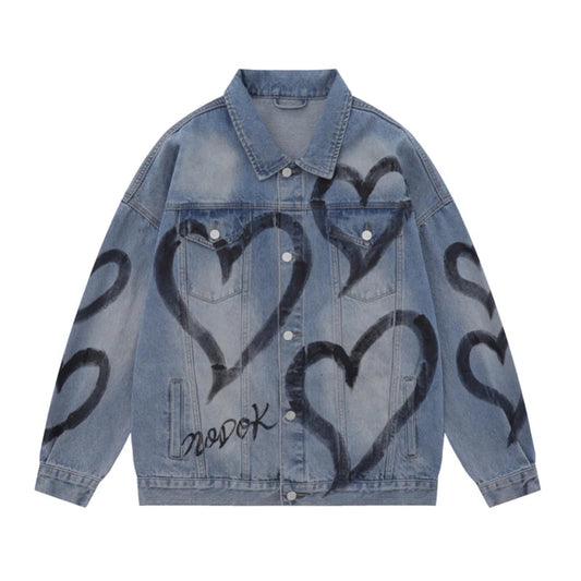 Y2K Heart Graffiti Printed Denim Jackets Mens Fashion Unisex Long Sleeve Coats Outerwear Hip Hop Casual Streetwear Jeans whit - variant style 1faa41 for streetwear fashion