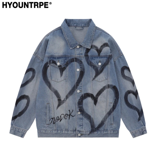 Y2K Heart Graffiti Printed Denim Jackets Mens Fashion Unisex Long Sleeve Coats Outerwear Hip Hop Casual Streetwear Jeans whit - variant style 1faa41 for streetwear fashion
