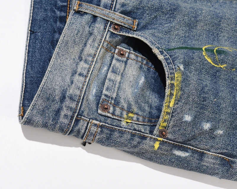 blue speckle ink washed destroyed flared jean pants hip hop graffiti ripped denim jeans for men streetwear vintage wide jeans unique jeans style 4461