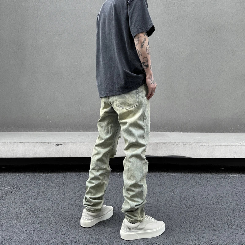 retro washed skinny jeans men pant destroyed ripped holes slim biker zipper jeans trousers fashion streetwear hip hop joggers unique joggers style 5225
