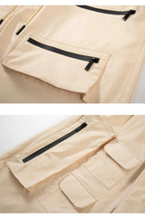 Retro Fashion Vibe Summer Cargo Shorts Functional Pockets Press Glue Zipper Straight Shorts Baggy Casual Split Knee-length