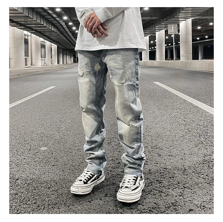 original tie dyed ripped flared denim jean for men streetwear washed hole casual stacked jeans pants mens slim fit jeans 2023 unique jeans style 3744