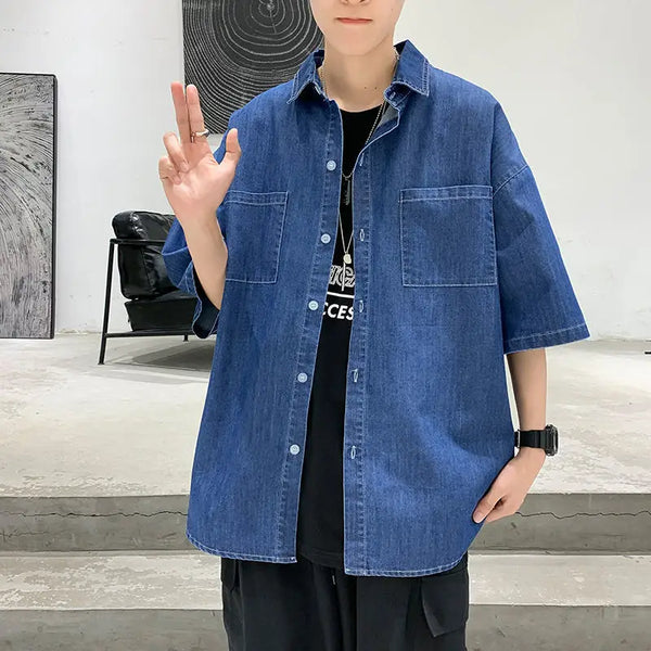 American summer thin denim shirt for men and women loose fit hip-hop short sleeved retro personality casual street top harajuku