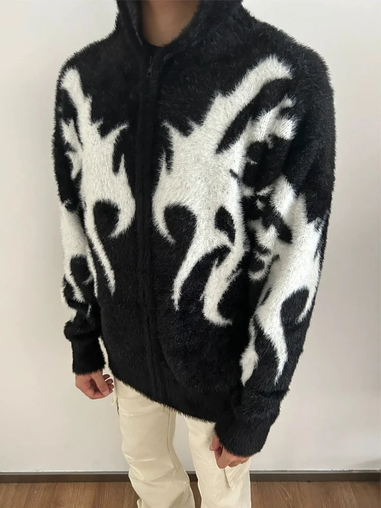 mens hooded cardigan sweater fashion harajuku pattern streetwear hip hop zipper warm knitted sweaters hood coats unisex jumpers - soft fleece-lined outerwear, unisex casual winter pullover, Y2K grunge street style