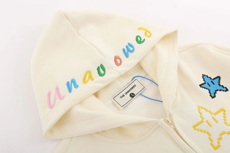 Hip Hop Zip Up Hoodie Jacket Y2K Star Embroidered Fleece Hooded Coat 2