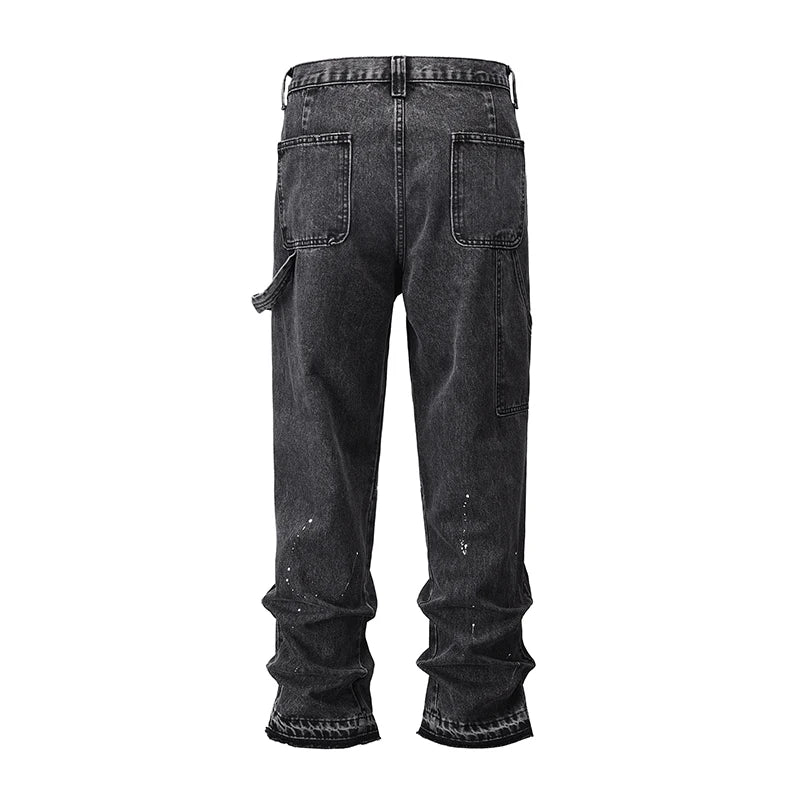 patchwork graffiti black straight denim pants mens vintage patches stitching ink splashed jeans y2k logging cargo pants for male unique cargo style 1482