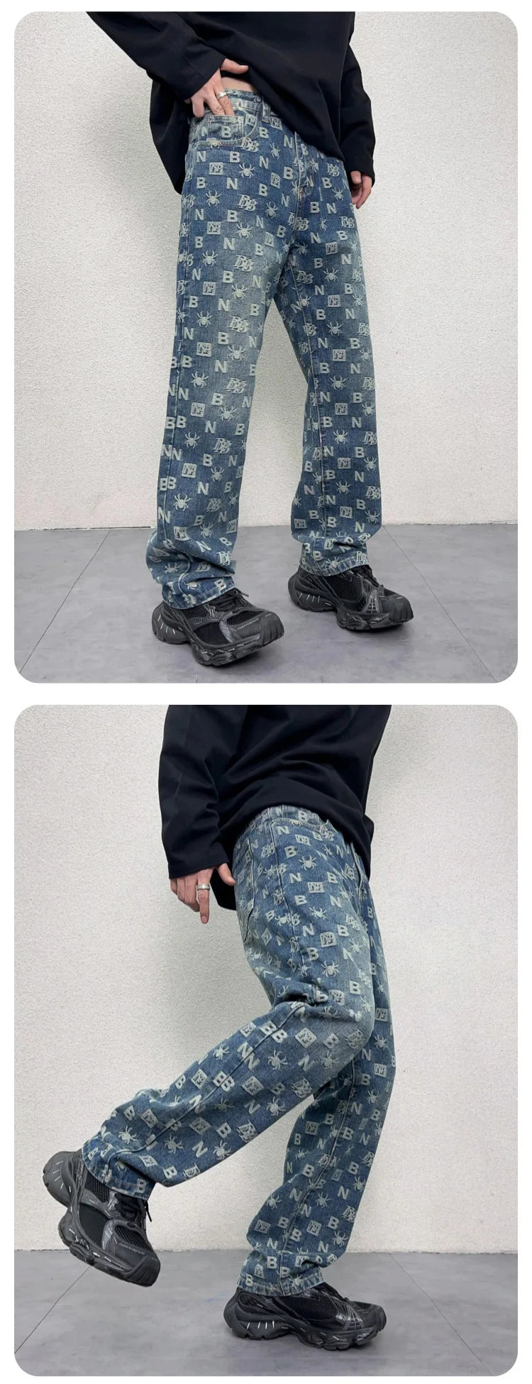 men jacquard streetwear hip hop vibe casual straight denim jeans pants boyfriend high street ripped jeans trousers unique jeans style 3109
