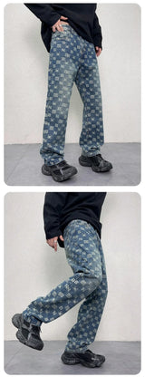 men jacquard streetwear hip hop vibe casual straight denim jeans pants boyfriend high street ripped jeans trousers unique jeans style 3109