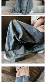 american style dirty and torn hole design straight leg wide leg jeans for men and women high street loose street casual pants unique jeans style 663