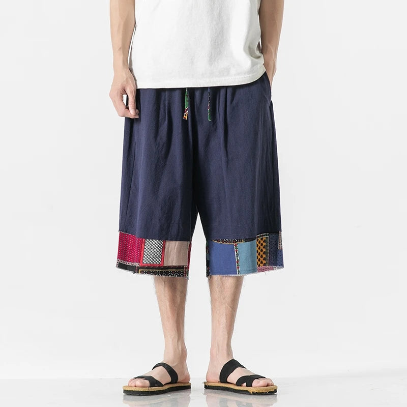 mens summer thin linen shorts loose straight mens pants japanese patchwork wind over the knee beach pants unique shorts style 3249