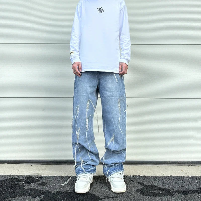 fashion loose streetwear denim jeans new casual wide legs straight jean pants hip hop tassel joggers baggy jeans men clothing sporty tapered joggers