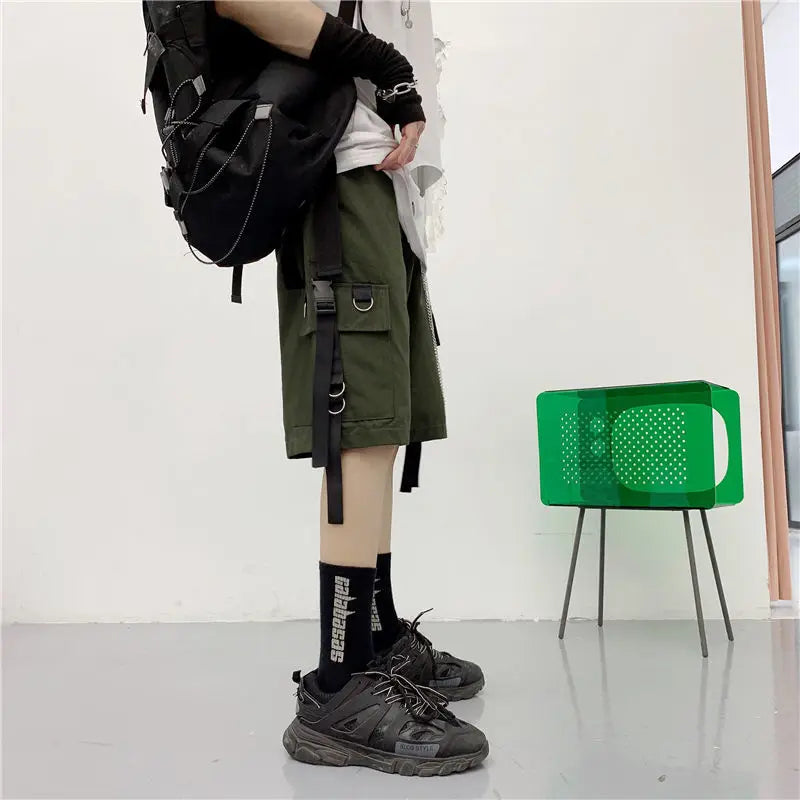 streetwear 2023 new womens summer shorts casual ribbons black cargo shorts for girls knee length pants with chain unique cargo style 2395