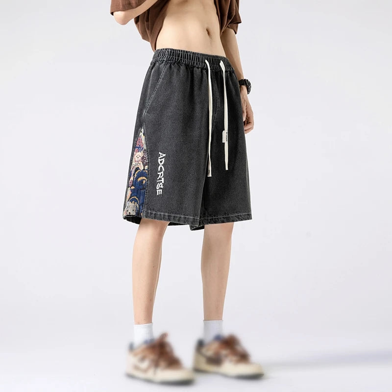 denim shorts mens trendy streetwear washed shorts side embroidery patchwork jeans shorts casual track pants vintage washed jeans