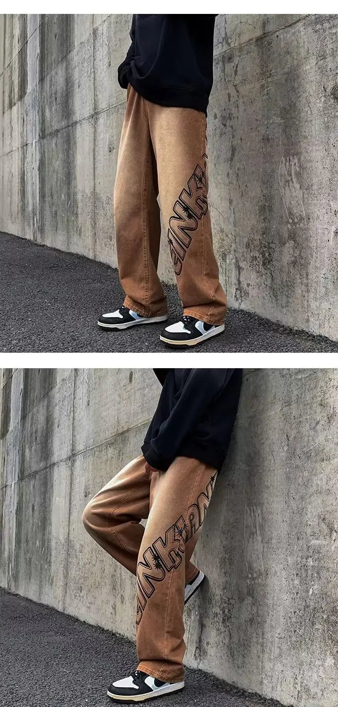 2023 new fashion letter graffiti brown hip hop men baggy jeans pants y2k clothes straight vintage denim trousers pantalon homme unique jeans style 5813