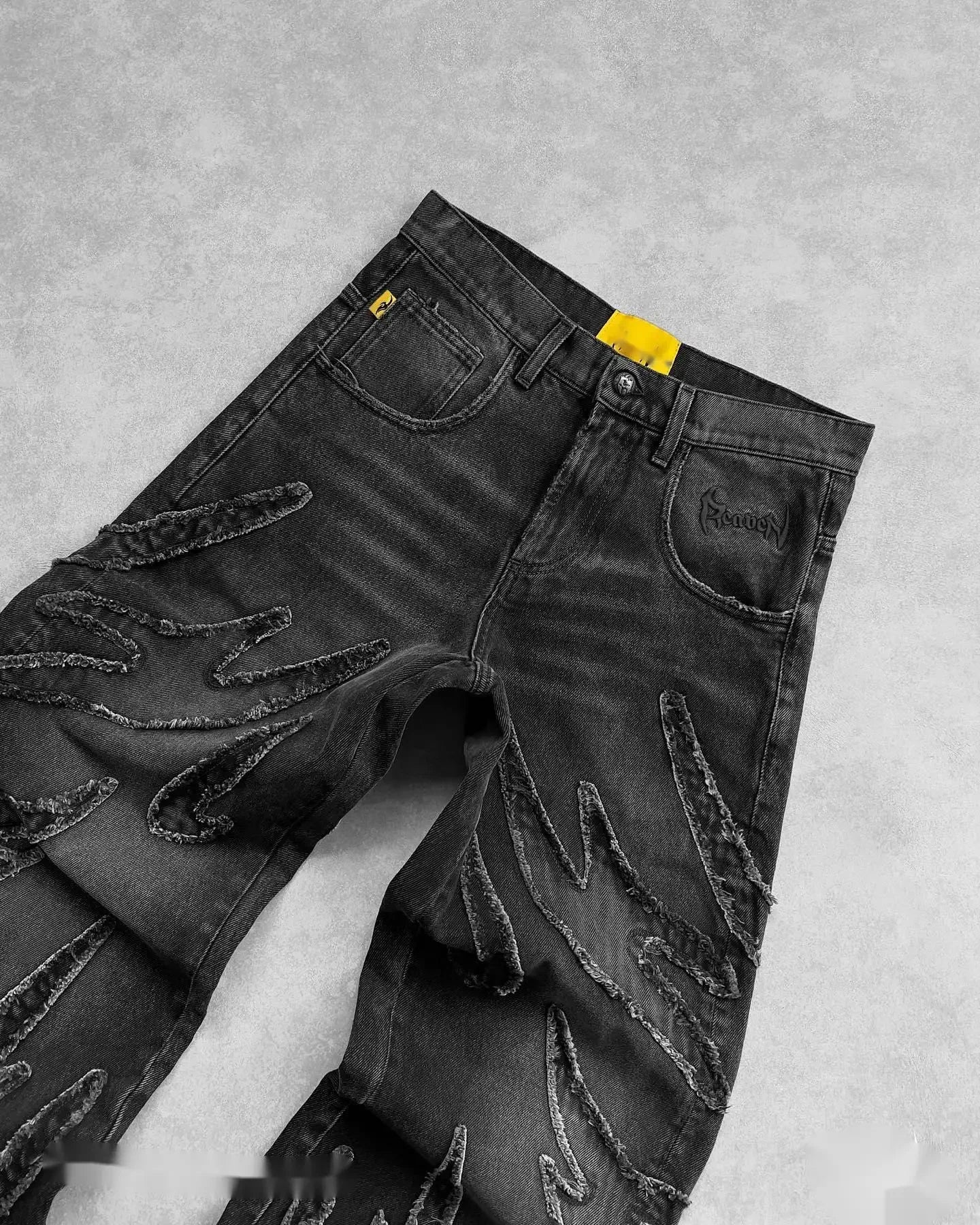 hip hop y2k retro black baggy jeans for men punk raw edge embroidery jeans vintage pattern patchwork high waisted denim pants unique jeans style 791