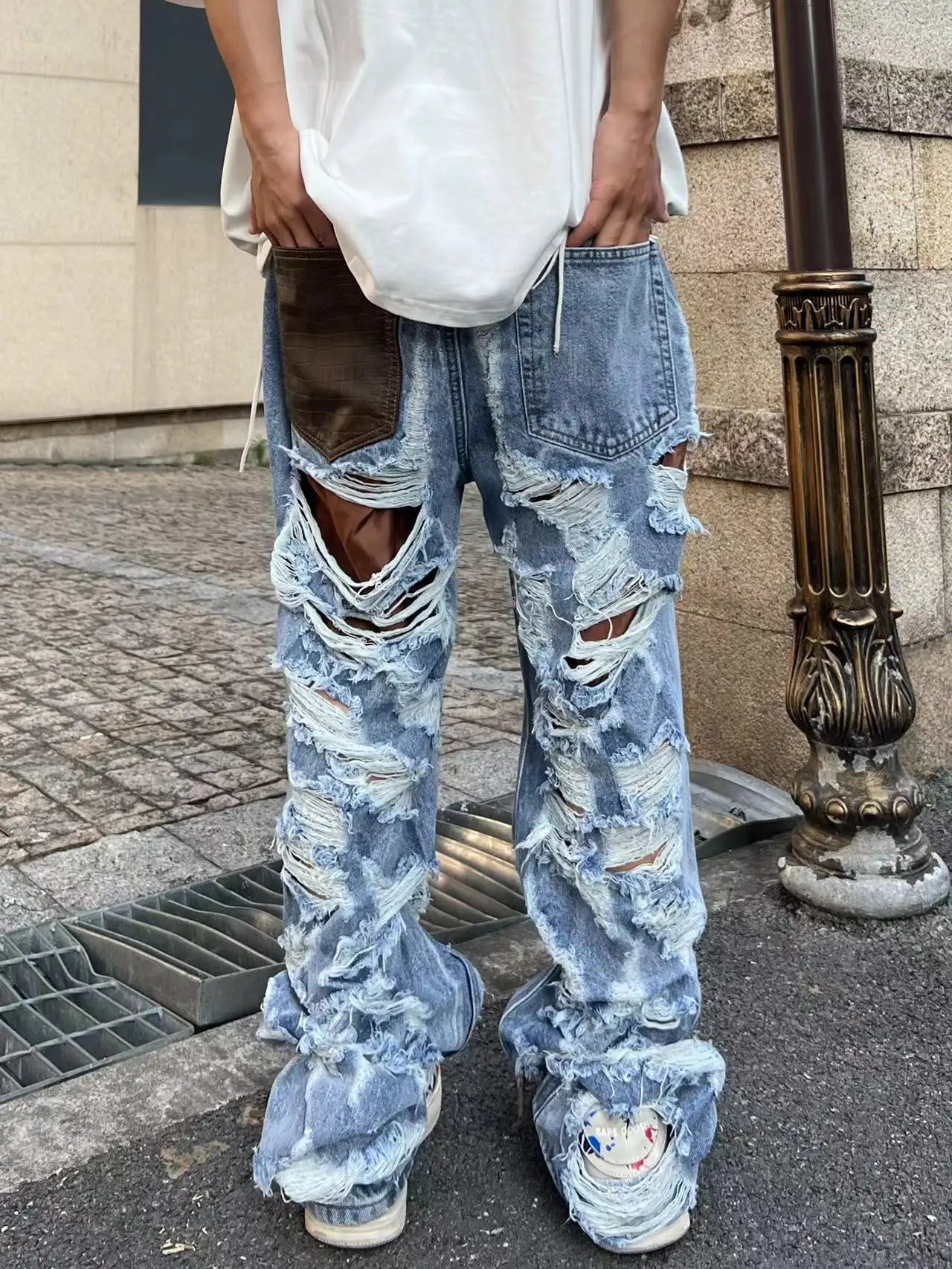 destroy ripped holes front letters embroidery denim jean pants men casual harajuku jean trouser hip hop streetwear pants joggers unique joggers style 3134