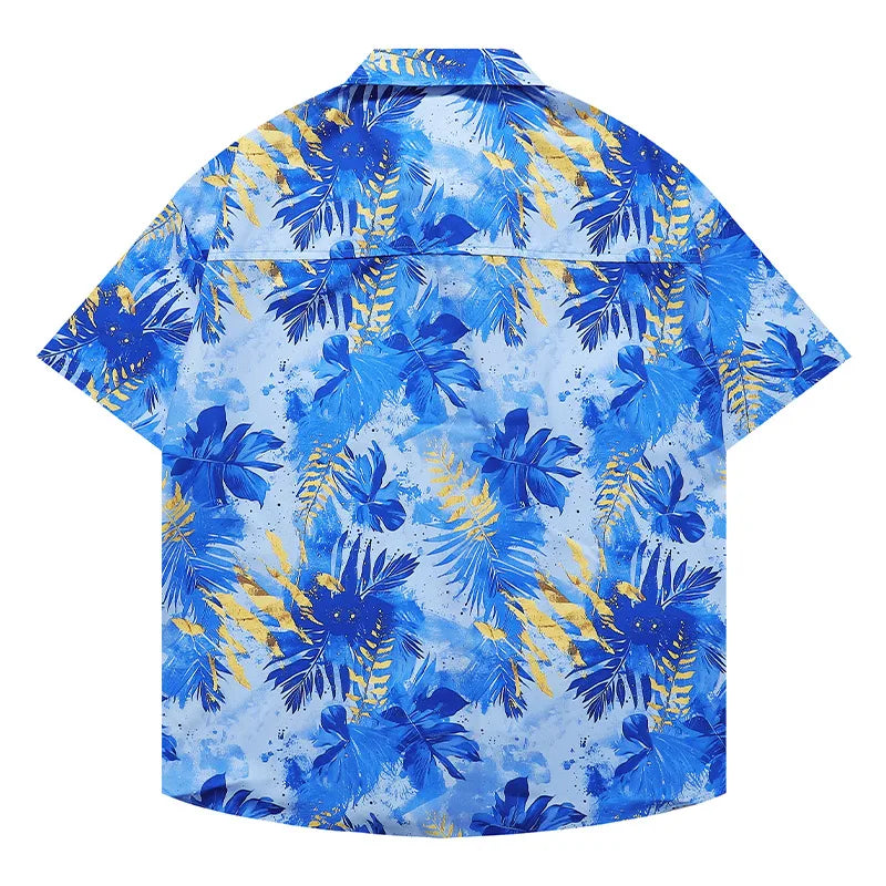 Vacation Loose Shirts Summer Refreshing Turn Down Collar Leaf Print Half Sleeve Shirt Versatile Daily Tops