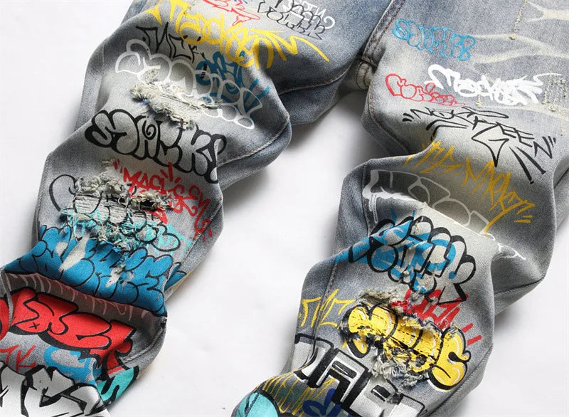 letter graffiti printed denim jeans pants mens punk bottons biker jeans streetwear slim fit hip hop new casual y2k pants joggers unique joggers style 4123