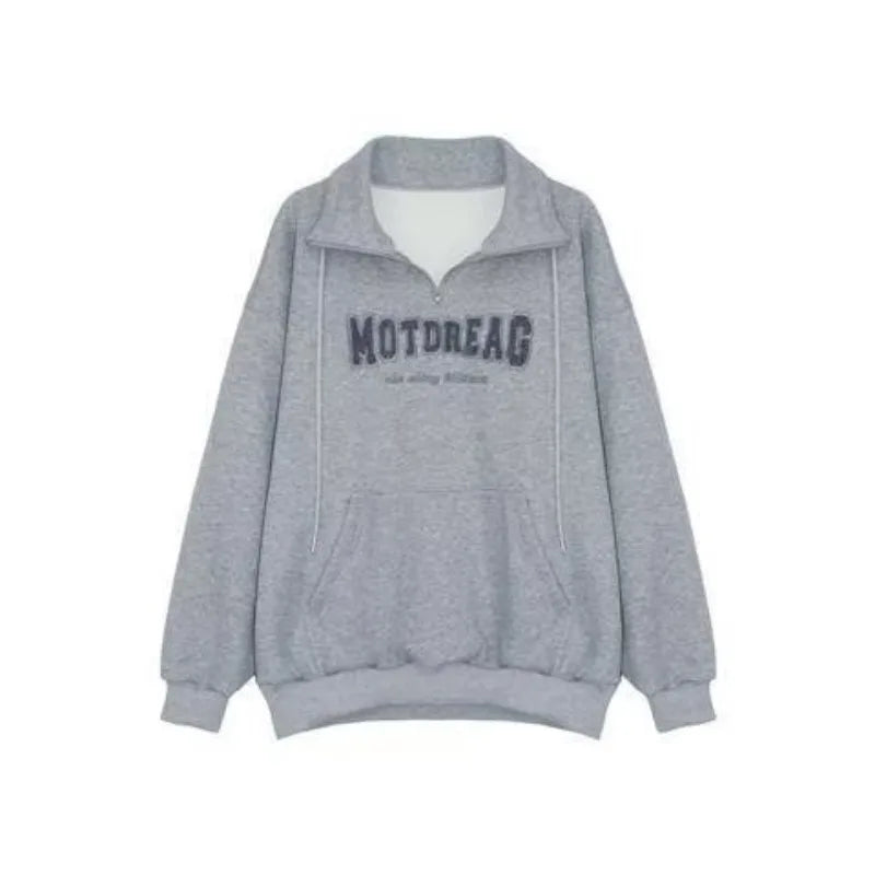 Street Half Zip Hoodie Mens Spring New Vintage Letter Embroidery Loose