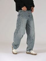 men brand fashion loose casual splice pocket jacquard vintage wide leg baggy jeans cityboy denim baggy jeans pants trousers unique jeans style 2966
